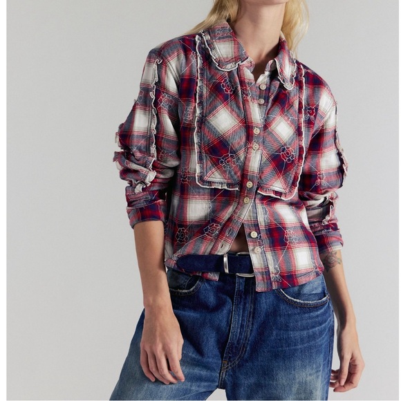 Free People We the Free Georgia Embroidered Plaid Buttondown Top-Ivory Combo